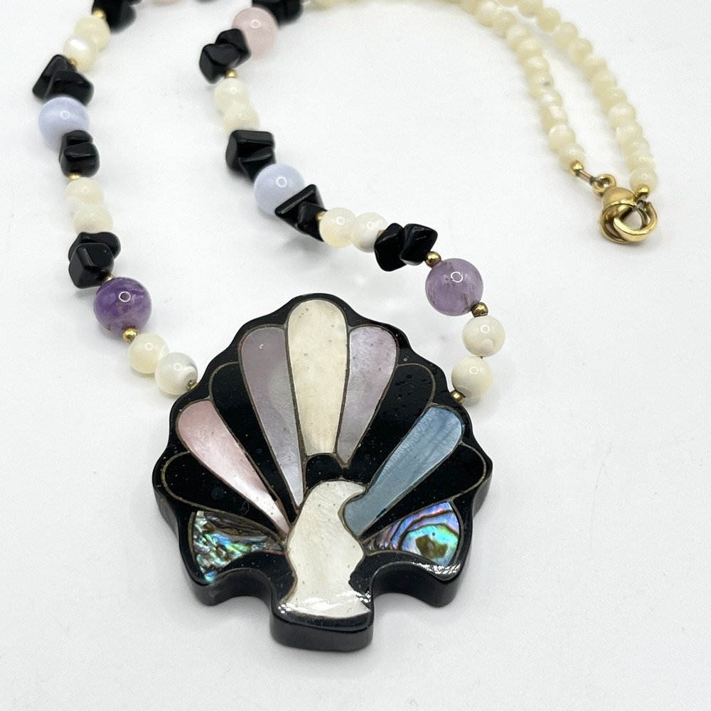 Vintage Art Deco Style Peacock Fan Pendant Gemstone‎ Unsigned Necklace